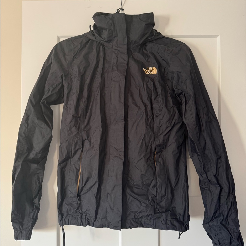 The North Face Women's Hyvent Waterproof Rain Jacket Black Gold Packable Hood